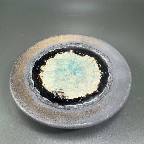 Hand Made Crystalline Pottery Round Wasabi Dipping Dish Plate Signed Crafted VTG - Picture 9 of 13